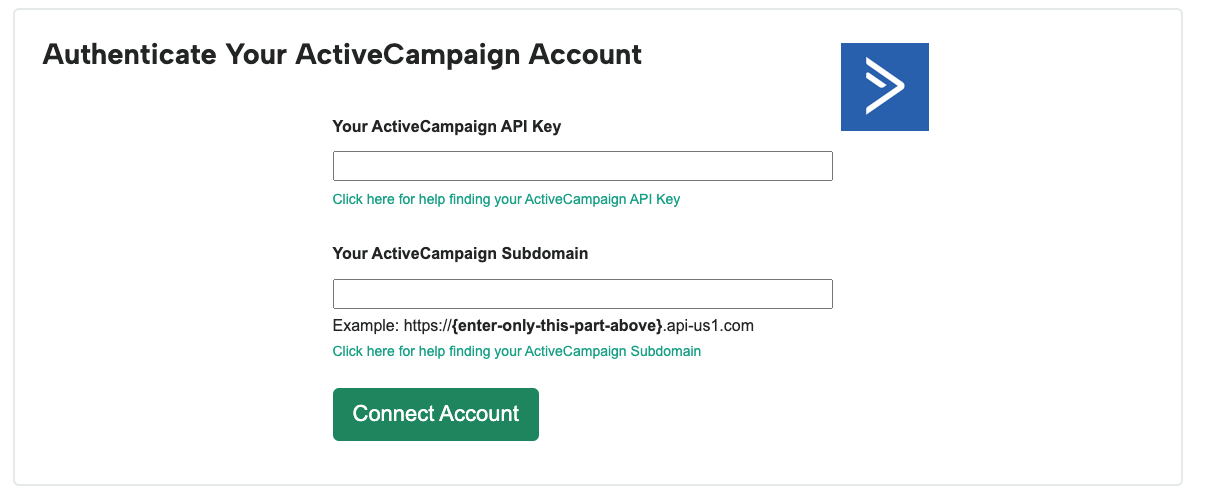 Screenshot of the Active Campaign Integrations Builder where it asks for the API Key and Subdomain